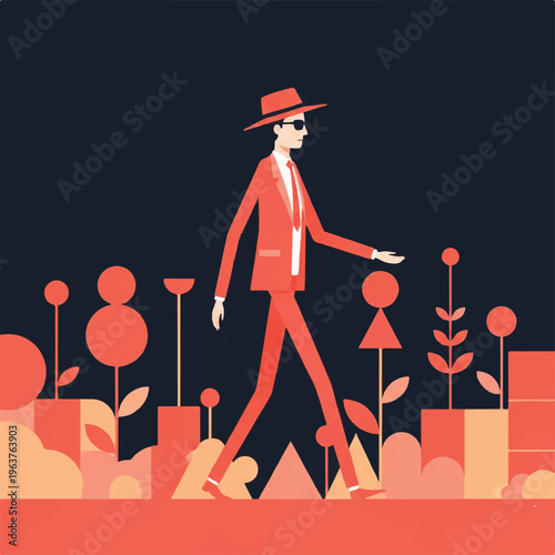 Stylized man in red suit and hat walking confidently through an abstract urban garden with geometric shapes