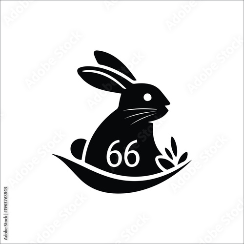Rabbit Emblem with 66: A sleek black rabbit silhouette, poised on a stylized leaf, with the bold number 66 integrated, symbolizing playful charm and whimsical design.