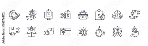 collection of 16 thin line cyber monday icons including 24 hours support, delivery completed, promotional, product launch, cyber monday, fast delivery, price cut, gift card, basket.