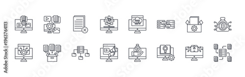 collection of 16 thin line digital asset management icons including content management, system integration, digital asset management, data collection, delete file, repository, latency,