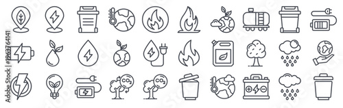 Set of 30 ecology thin line icons including tree, energy, recycle, nature, earth, power, electric, battery, lamp, oil, rain, water, leaf, plant, renewable resources in vector outline style