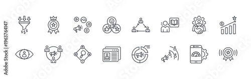 collection of 16 thin line educational marketing icons including conversion funnel, target audience, brand image, public relation, content marketing, swot analysis, experiential,