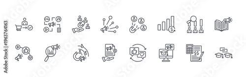 collection of 16 thin line educational marketing icons including customer journey, social media marketing, interactive content, market research, lead generation, lead,