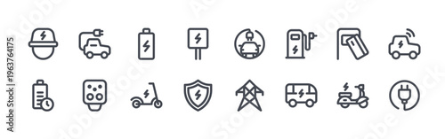 collection of 16 thin line electric station icons including technician, fast charge, electric car, plug, charge, kick scooter, electric station, electricity, electric car. editable stroke