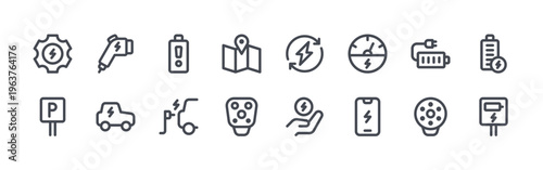 collection of 16 thin line electric station icons including setting, parking sign, plug, electric car, low battery, charging station, maps, ccs, renewable energy. editable stroke vector