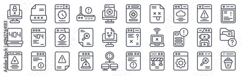 Set of 30 error and not found thin line web icons including 404 page, network error, connection error, server error, browser, hacker, computer system alerts