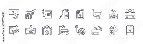 collection of 16 thin line gas station icons including discount voucher, fuel price, attendant, gas heater, filling station, gas pipe, fire extinguisher, car parking, .