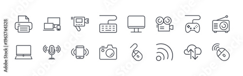 collection of 16 thin line technology devices icons including printer, laptop, device, microphone, video camera, mobile phone, keyboard, camera, dekstop. editable stroke vector illustration
