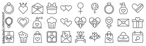 Set of 30 womens day thin line web icons including ring, gift, love, necklace, flower, perfume, calendar, invitation card, crown, popcorn. Vector outline illustration