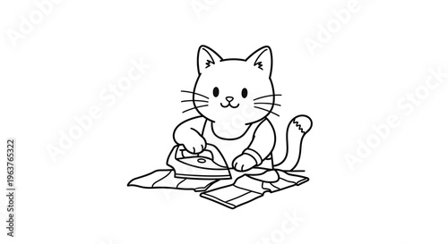 Cute cartoon cat ironing clothes, a simple black and white line drawing illustration.