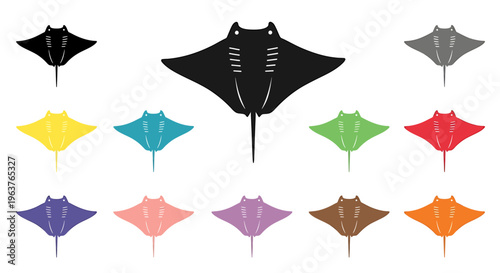 A collection of colorful manta ray silhouettes in various hues, including black, grey, yellow, teal, green, red, purple, pink, lavender, brown, and orange, displayed on a white background.