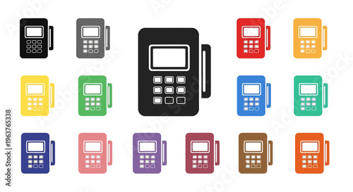 Multiple vibrant payment terminal icons in different colors on a white background.