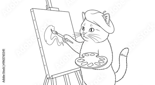 Cute cartoon cat artist wearing a beret, painting on an easel with a brush and palette, in a charming line art style.