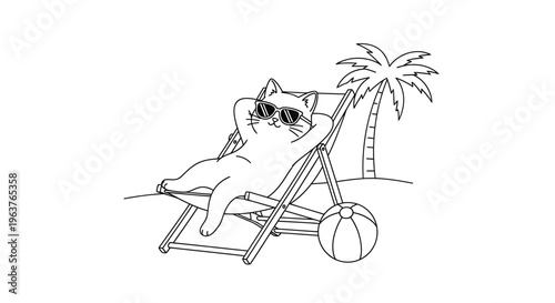A cartoon cat wearing sunglasses relaxing on a beach chair under a palm tree with a beach ball.