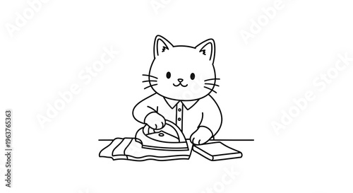 Cute cartoon cat character diligently ironing clothes with an iron, depicted in a simple black and white line art illustration.