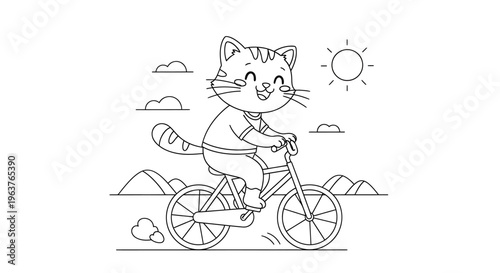 Cute cartoon cat happily riding a bicycle on a sunny day with mountains and clouds in the background, line art style for coloring.