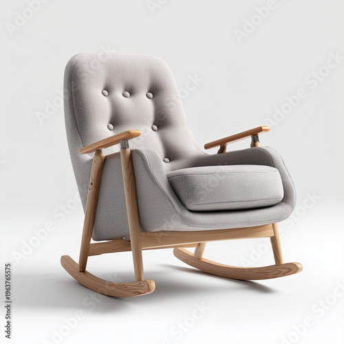 Modern rocking chair with gray fabric upholstery and light wood frame, featuring a tufted backrest and curved rockers, isolated on a white studio background for interior design concepts