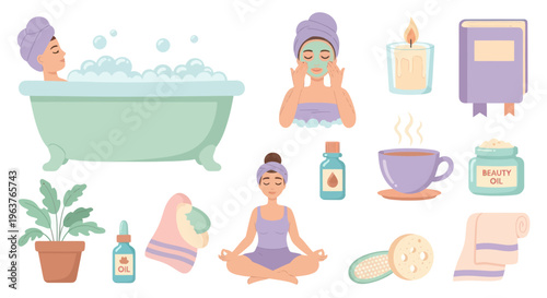 Flat Style Spa  Wellness Icons: Bath, Yoga, Skincare, Relaxation