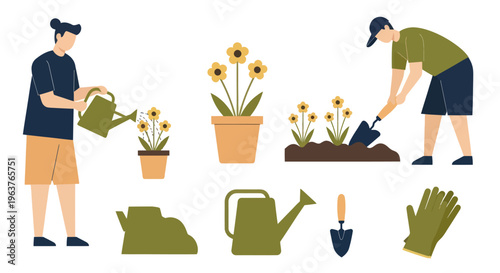 Flat style illustration of people gardening, watering plants and planting flowers.