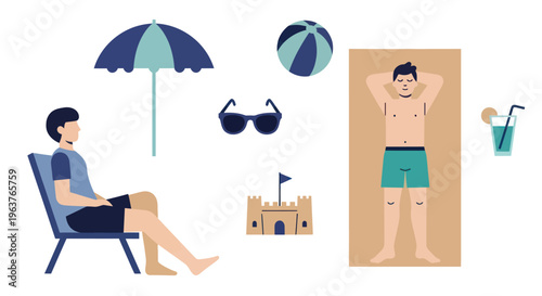 Flat Illustration of Beach Activities: People, Umbrella, Ball, Castle, Drink