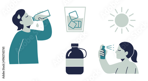 Flat illustration of people staying cool in the sun with water