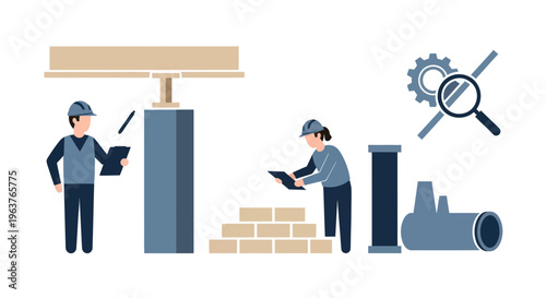 Construction workers inspecting building structure, pipes, and gears