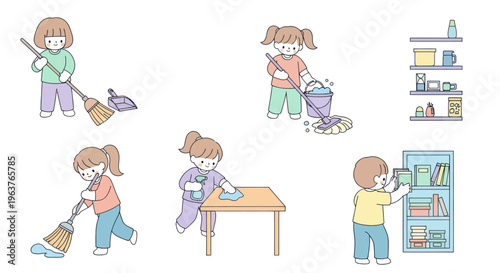 Kids Cleaning and Tidying Up: A Vector Illustration for Home and Childhood