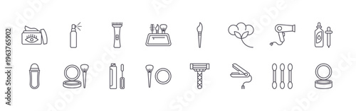 set of 16 thin line cosmetic icons featuring eye cream, roll on, spray, highlighter, trimmer, concealer, makeup container, blush, brush. editable stroke vector illustration isolated on white