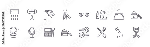 set of 16 thin line cosmetic icons featuring eyeshadow, bronzer, epilator, mirror, shower, palettes, nail clipper, cream, eyebrow. editable stroke vector illustration isolated on white