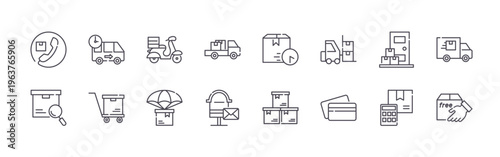 set of 16 thin line delivery icons featuring call, search, fast delivery, trolley, motorcycle, parachute, truck, mailbox, on time. editable stroke vector illustration isolated on white