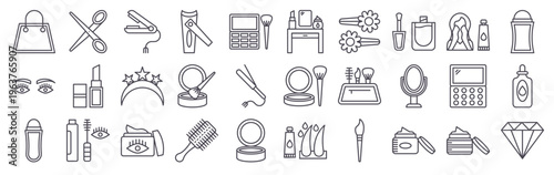 Set of 30 cosmetic thin line icons featuring makeup, beauty tools, hair care, nail care, skincare products in outline vector format