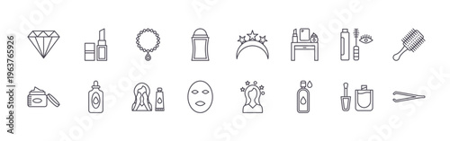 set of 16 thin line cosmetic icons featuring mineral, pomade, lipstick, essential oil, necklace, face cleanser, deodorant, face mask, headband. editable stroke vector illustration isolated on