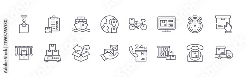set of 16 thin line delivery icons featuring hook, container, clipboard, weight scale, cargo ship, open package, worldwide, email, bike. editable stroke vector illustration isolated on white