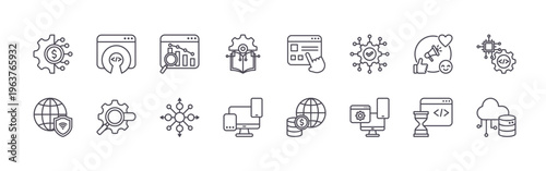 set of 16 thin line digital platform icons featuring fintech, vpn, open source, seo, analyitics, decentralization, hine learning, responsive design, user interface. editable stroke vector