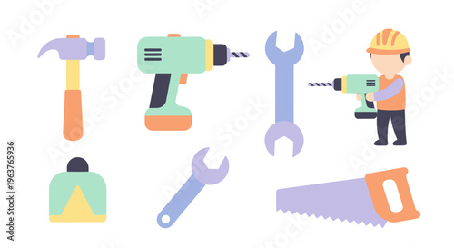 Flat Icon Set Construction Tools Hammer Drill Wrench Saw Worker
