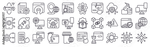 Set of 30 digital platform thin line icons featuring VR, blockchain, ecommerce, geotagging, firewall, mobile app, cloud computing, API, SEO, cybersecurity and social media