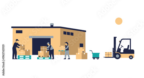 Warehouse workers loading boxes with forklift, flat design