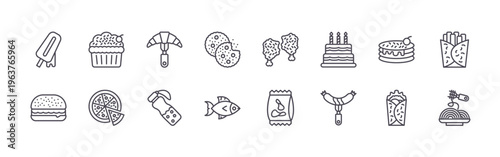 set of 16 thin line fast food icons featuring popscicle, burger, muffin, pizza, croissant, bottle, biscuits, fish, nuggets. editable stroke vector illustration isolated on white
