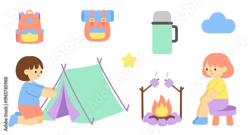 Cute Camping Flat Vector Icons for Children's Adventures