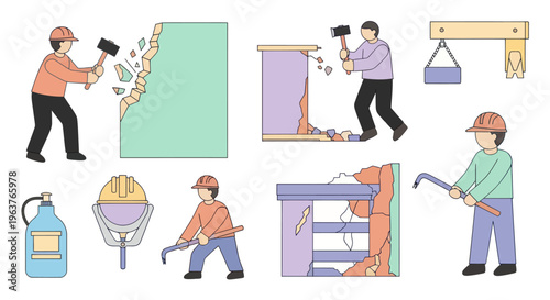 Flat illustration of construction workers demolishing walls with tools
