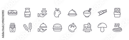 set of 16 thin line food icons featuring hotdog sausage, french fries, bottle, sausage, soup bowl, room service, , burger, room service. editable stroke vector illustration isolated