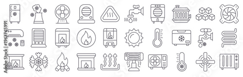 Set of 30 heat and cooling thin line icons in vector format featuring thermometer, refrigerator, heater, fireplace, air conditioner, snowflake, fan and temperature control symbols