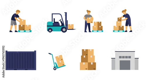 Flat Style Logistics Icons: Forklift, Boxes, Container, Hand Truck, Warehouse