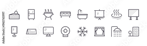 set of 16 thin line hotel icons featuring cake, floor stand, refrigerator, name badge, grill, computer, table, camera, bathtub. editable stroke vector illustration isolated on white