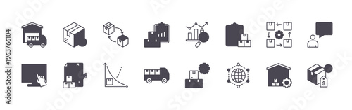 set of 16 thin line supply and demand icons featuring distribution center, decision, good product, contract, turnover, curve, stock, delivery truck, marketing analysis. editable stroke