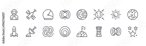 set of 16 thin line astronomy icons featuring astronaut, space shuttle, space station, satellite dish, helmet, milky way, pulsar, doppler effect, exoplanet. editable stroke vector