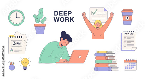 Flat Illustration of Deep Work, Productivity, and Study With Icons