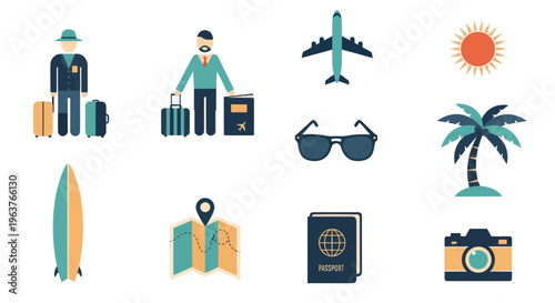 Flat travel icons set: airplane, suitcase, passport, sunglasses, camera, surfboard, map