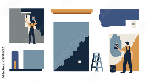 Flat illustration of painters with rollers and ladders, home renovation