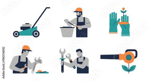 Flat Icons: Gardener, Tools, Lawn Mower, Leaf Blower, Gloves